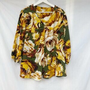 Cato Womens 14/16 W Top Green Floral O-Ring‎ Long Sleeve Pullover Blouse Fall
